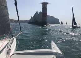 Dragonfly 28 trimaran rounding the Needles