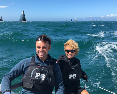 Dragonfly 28 trimaran in Alum Bay on RORC Race the Wight