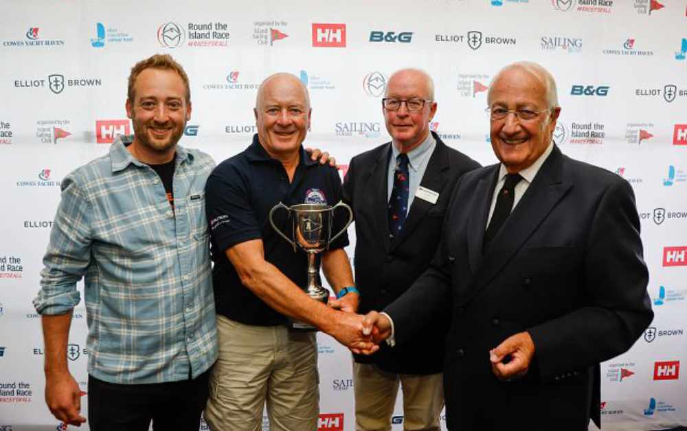 Malcolm and Tristan Jaques, winners of Double-handed Multihull in Round the Island race 2023